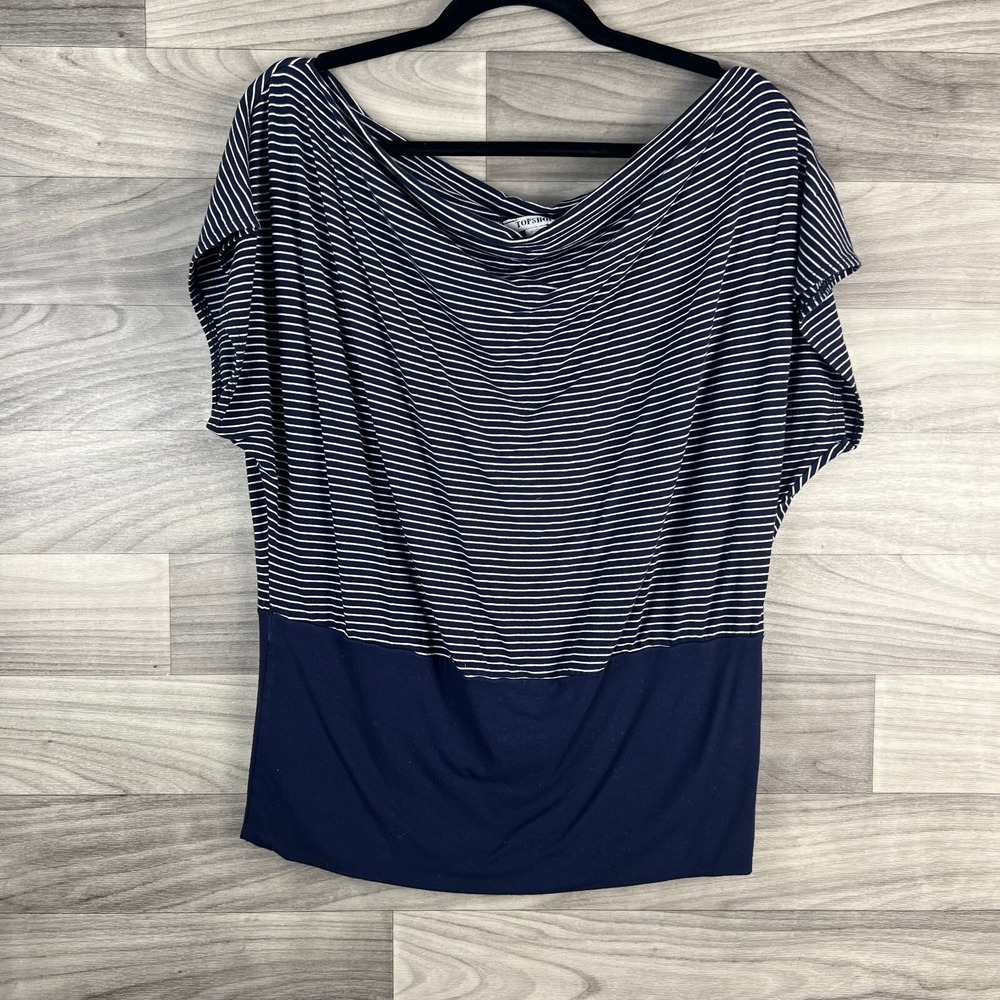 Topshop Blouse Top Womens L Blue Stripe Stretch Short Cap Sleeve Drape‎ Neck USA